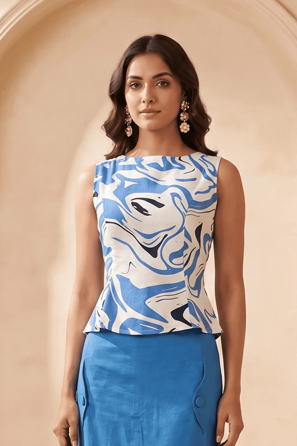 Blue & White Marble Print Top with Back Tie Knot — Western Era