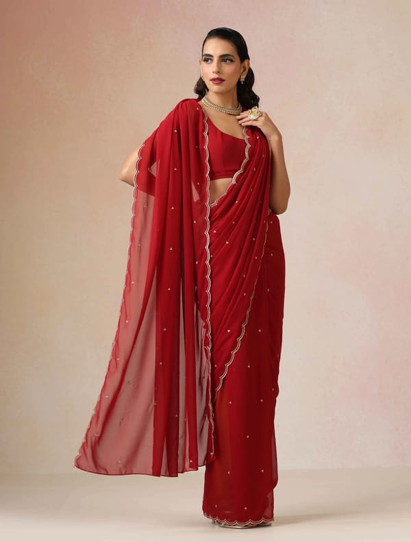 Georgette Embroidered Saree With Unstitched Blouse — Truebrowns