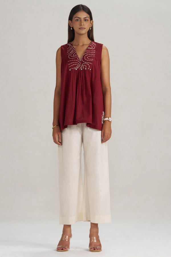Maroon Embroidered Mul-Mul Tunic — Ganga Fashions Pvt Ltd