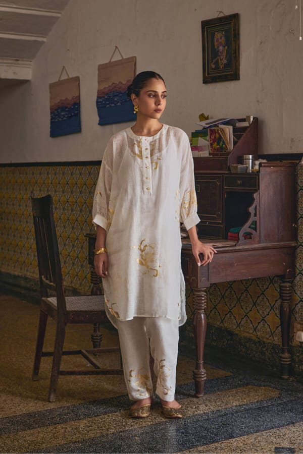 Off White Gauze Linen Kurta and Pant Co-ord Set — YELL