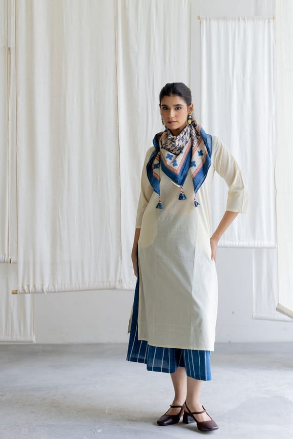 Off-White Kurta Set with Blue Culottes and Printed Scarf — Vraj Bhoomi