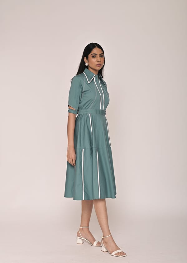 Peacock Blue Collared Fit and Flare Midi Dress — Escape By Aishwarya