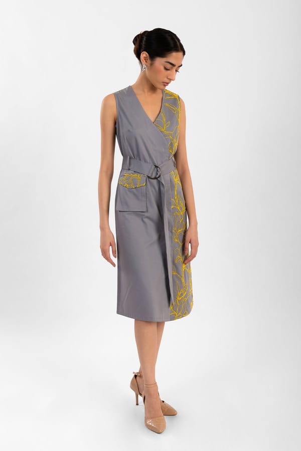 Grey Sleeveless Belted Midi Dress with Contrast Embroidery — Contemponari