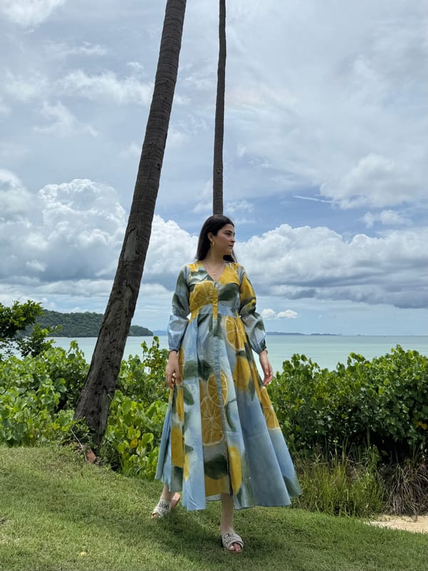 Blue Citrus Print Cotton Fit and Flare Maxi Dress — GAIMA LABEL