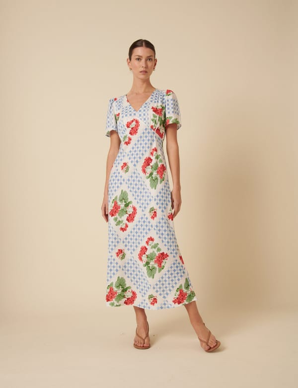 Blue Tile Print Floral V-Neck Midi Dress — Nobody's Child
