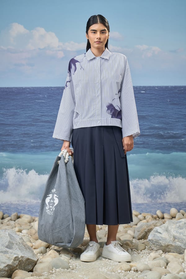 Blue Pinstripe Boxy Jacket with Abstract Graphic Print — Genes Lecoanet Hemant
