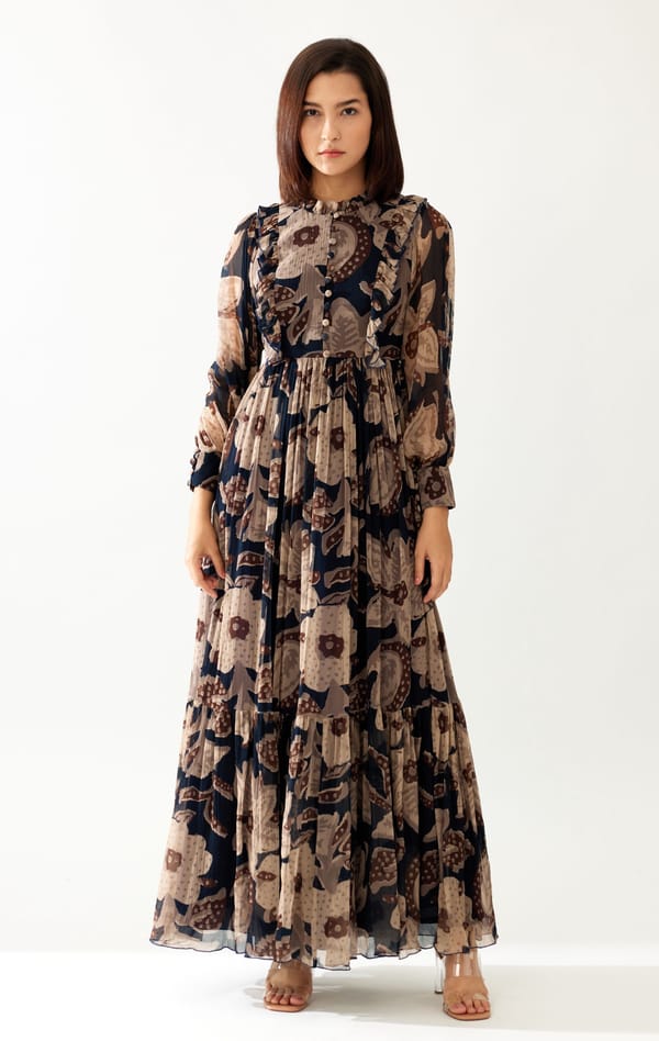 Dark Blue And Beige Floral Long Dress — KoAi