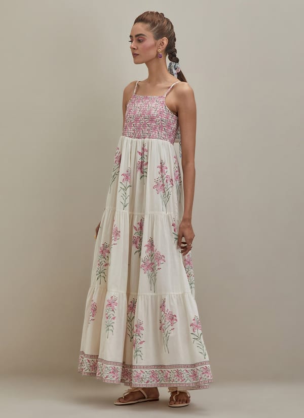 Off White Cotton 3-Tier Dress Block Print — Upavita