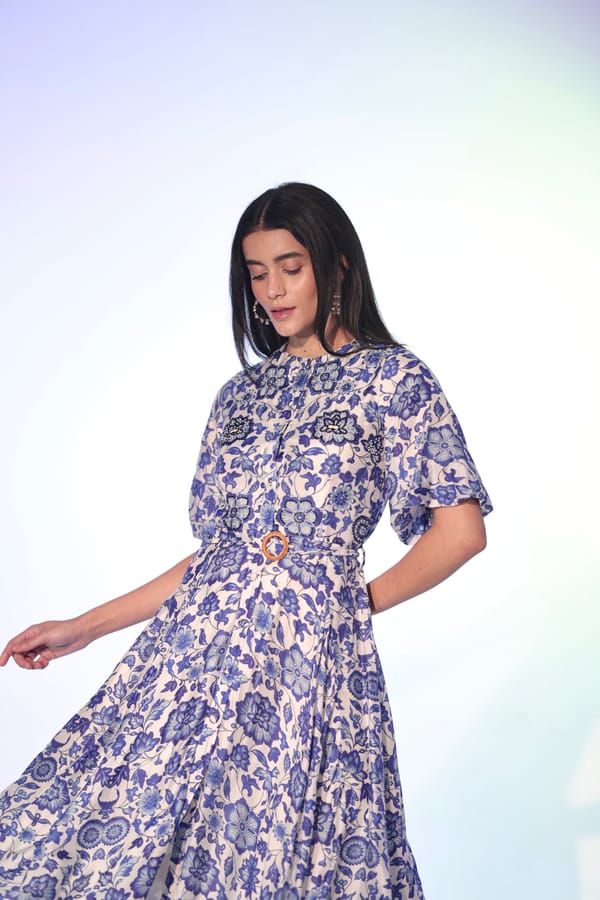 White and Blue Floral Belted Button-Front Midi Dress — MANVI DAGA STUDIO
