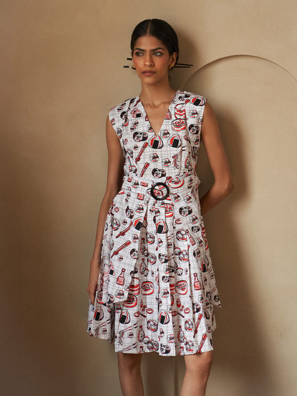 White Sushi Print Fit and Flare Midi Dress — HOUSE OF FETT