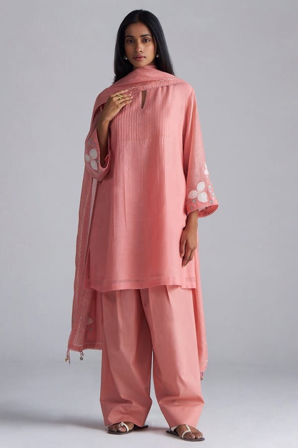 Coral Almond Chanderi A-Line Kurta Set with Dupatta — Ganga Fashions Pvt Ltd