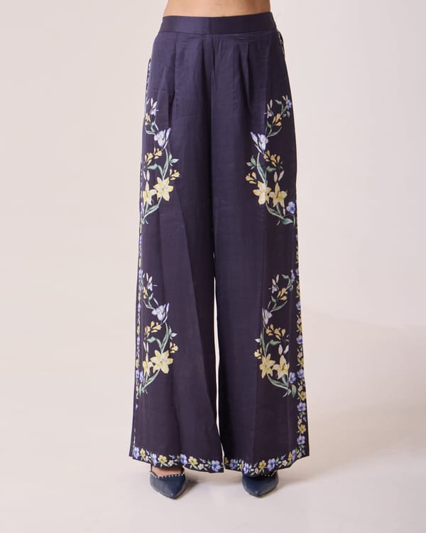 Navy Placement Floral Wide-Leg Trousers — Needle Ten