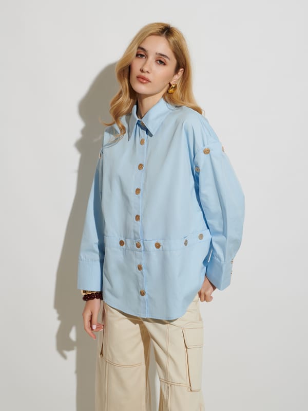 Blue Button-Down Shirt with Statement Buttons — SISTER JANE