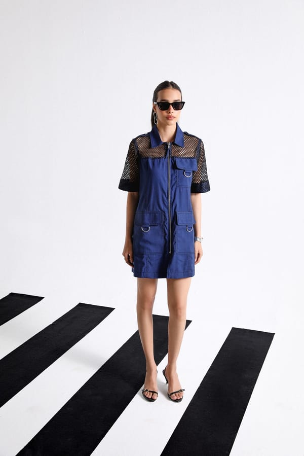 Blue Denim and Black Mesh Zip-Front Mini Dress — Shivya K