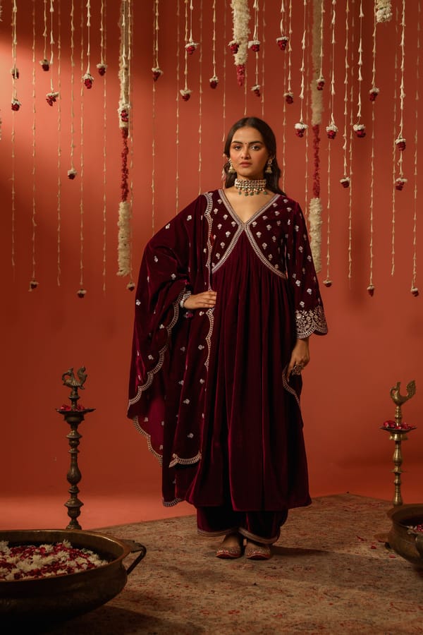 Maroon Velvet Anarkali Kurta Set with Zari and Sequins — NARAYANI VASTRA