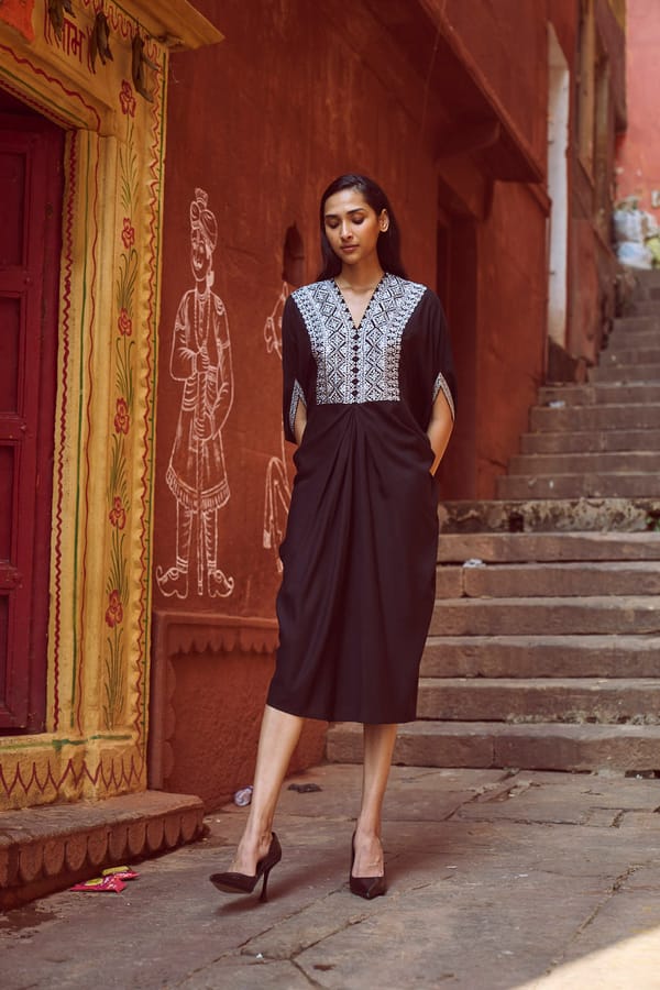 Black Embroidered Bib V-Neck Kaftan — Dash and Dot