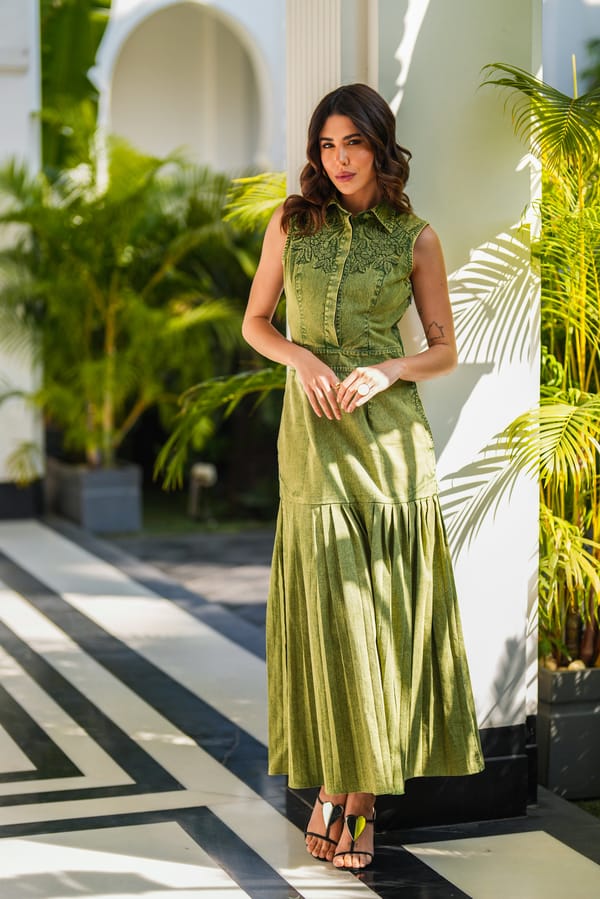 Olive Green Denim Tiered Maxi Shirt Dress with Yoke Embroidery — KAY KAY