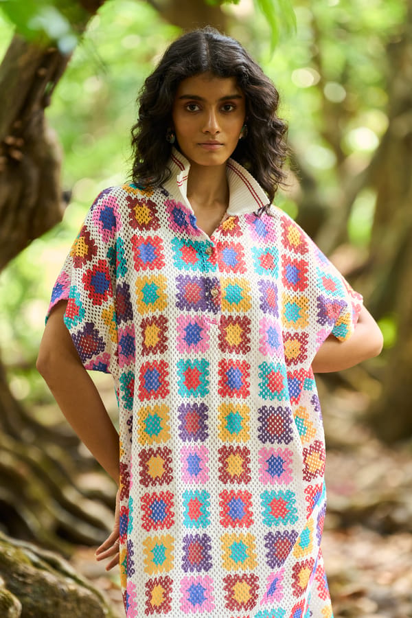 Multicolor Crochet Print Midi Shirt Dress with Slip — Dash and Dot