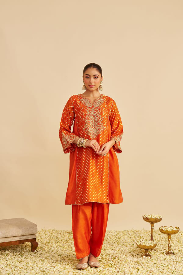 Orange Upada Silk Embroidered Kurta Set with Salwar — Sheetal Batra