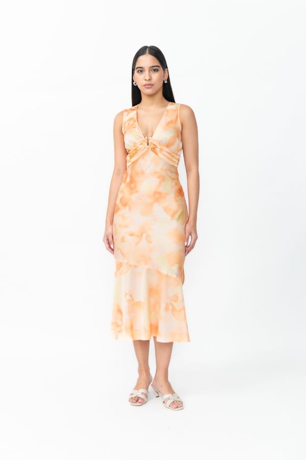 Orange Abstract Print Satin Lycra Midi Fit and Flare Dress — Contemponari
