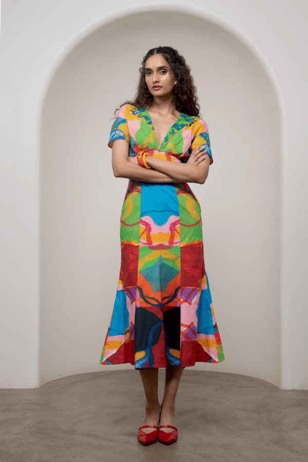 Multicolor Abstract Printed Poplin Fit and Flare Midi Dress — ADVAIT