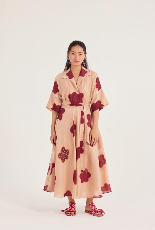Beige Printed Chanderi Maxi Dress with Tie Belt — JODI