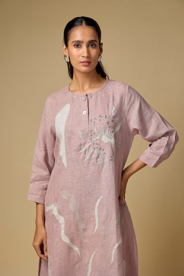 Pink Linen Straight Maxi Dress with Button Placket — Linen Bloom
