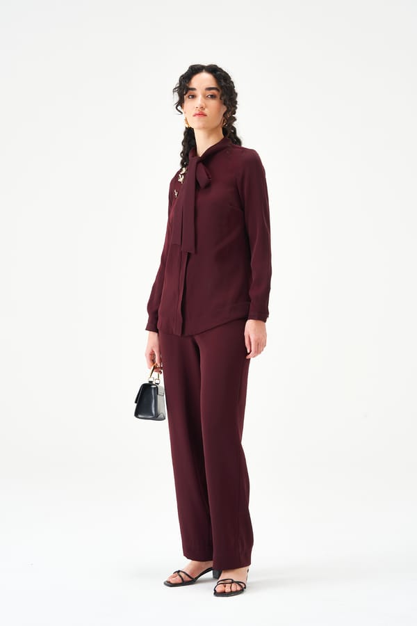Sapphire Wine Tie-Neck Blouse and Wide-Leg Co-ord Set — NOTEBOOK