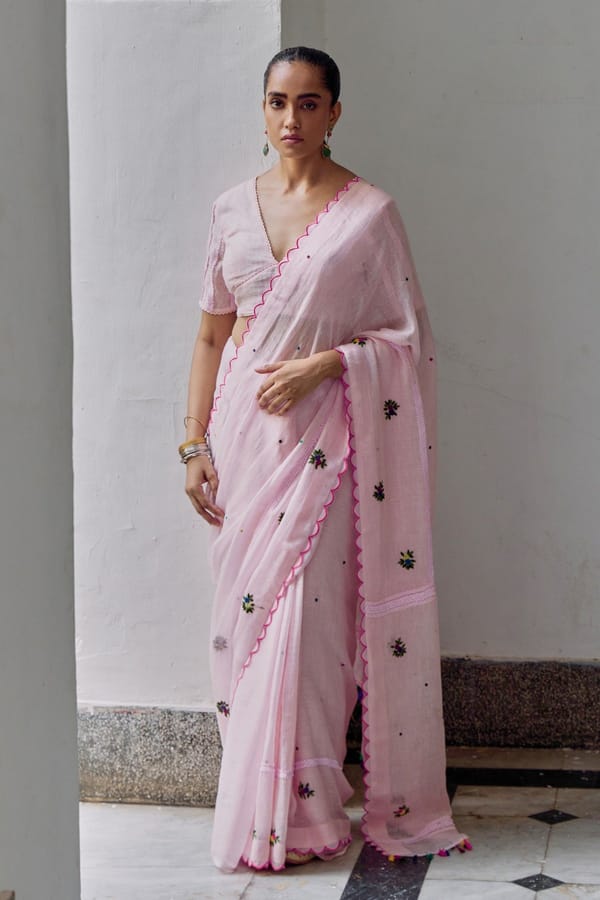 The Shabnam Floral Embroidered Linen Saree — YELL