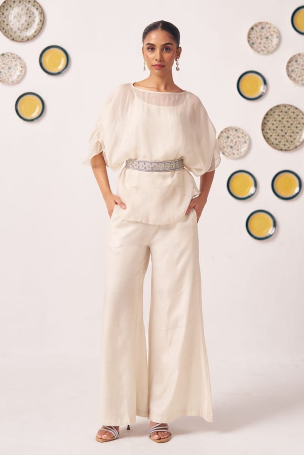 Oyster Ivory Sheer Top & Wide-Leg Pants Co-Ord Set — Western Era
