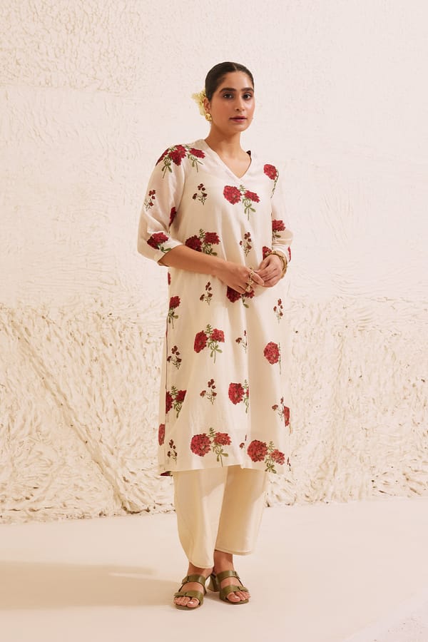 Ivory Chanderi Floral Block Print Kurta Set — Dressfolk