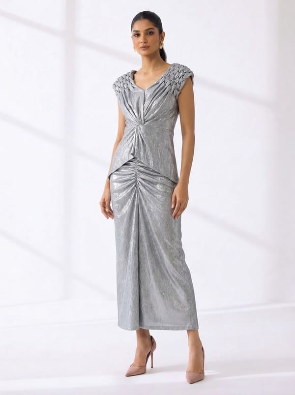 Silver Metallic Top and Maxi Skirt Co-ord Set — Isha Sawhney