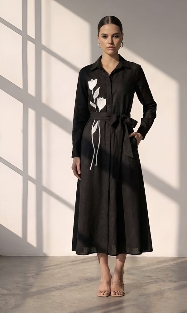 Black Maxi Shirt Dress with White Floral Applique — KIHIKI