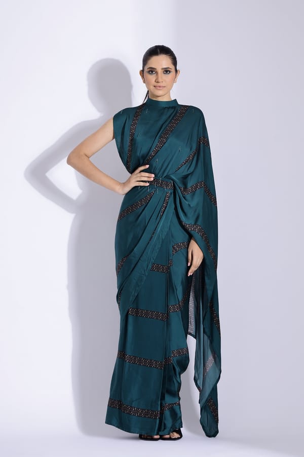 Teal Pre-Stitched Collar-Pallu Saree Set with Belt — STUDIO SURBHI