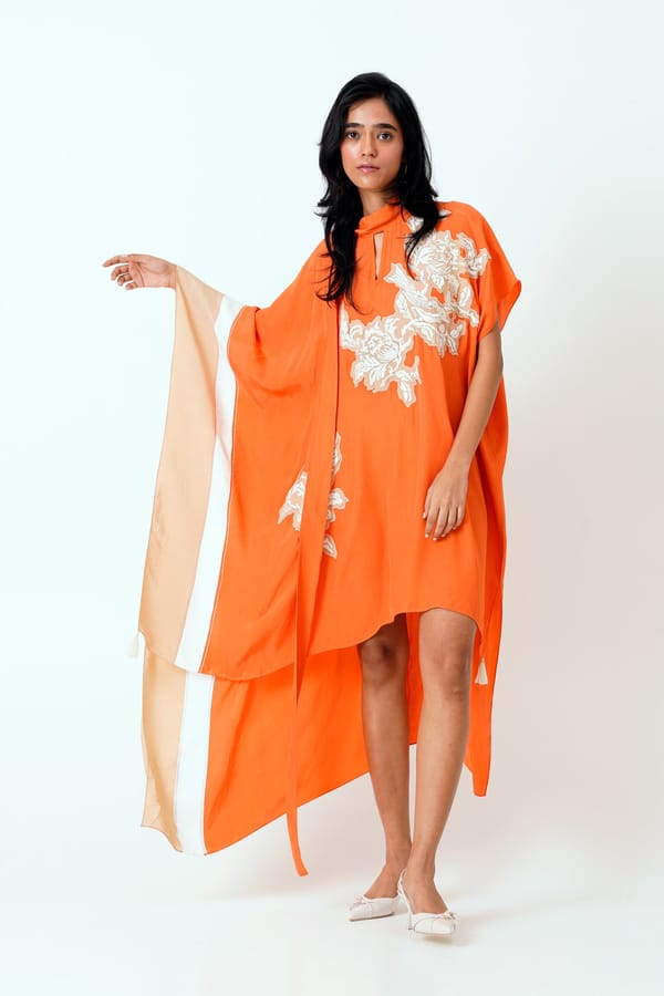 Sunset Orange Scarf Kaftan Dress with Floral Applique — Madder Much
