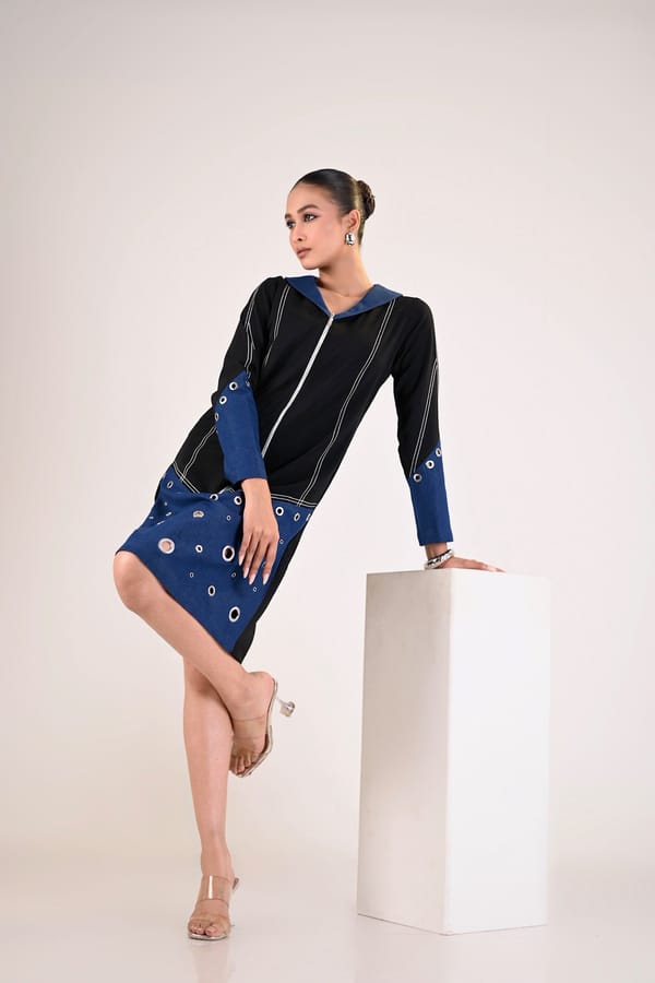 Black and Indigo Colorblock Zip-Front Knee-Length Dress — Veera Wear