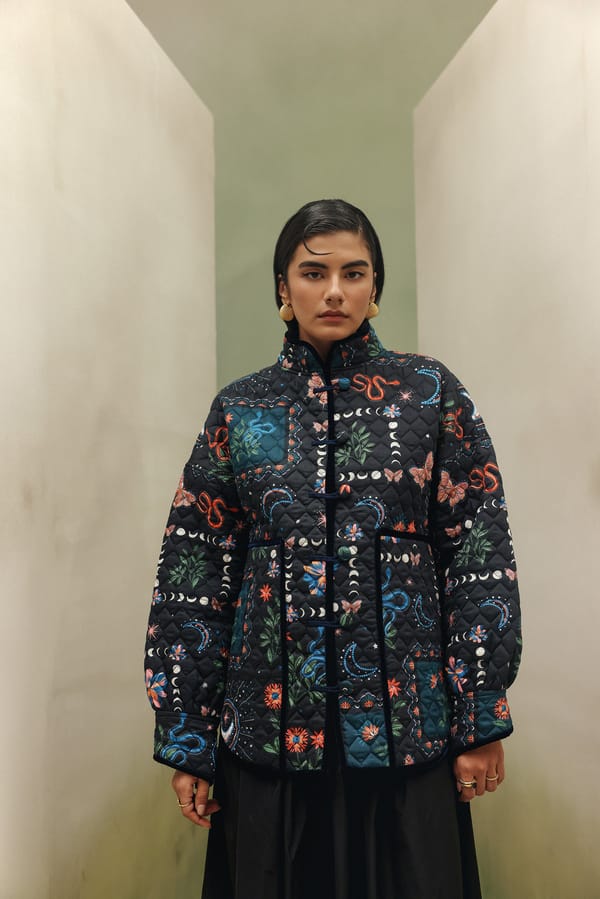 Quilted Printed Longline High-Neck Jacket in Black/Blue — SHOP NOIB