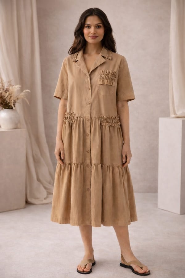 Olive Button-Down Tiered Midi Shirt Dress — Younglings