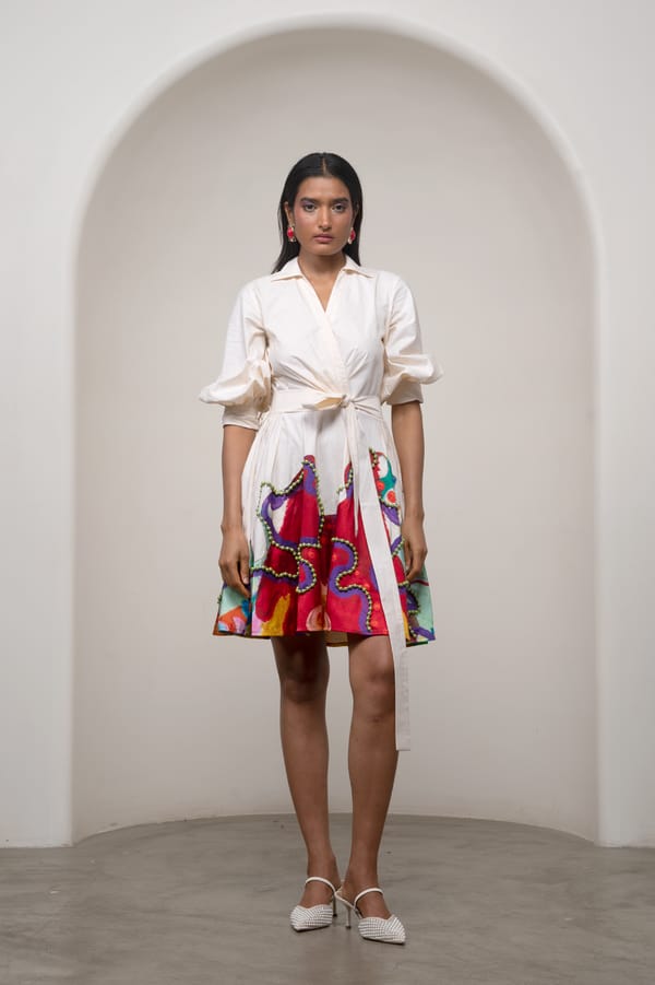 White Wrap Mini Dress with Patchwork Appliqué and Tie Belt — ADVAIT