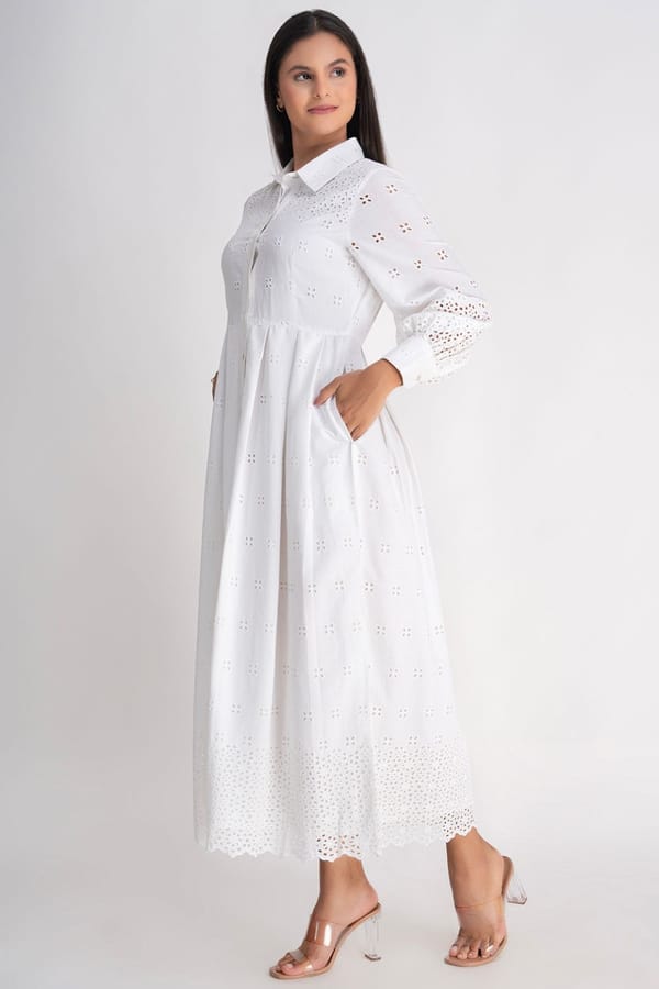 White Schiffli Cutwork Maxi Shirt Dress — Designs by Queen Bee