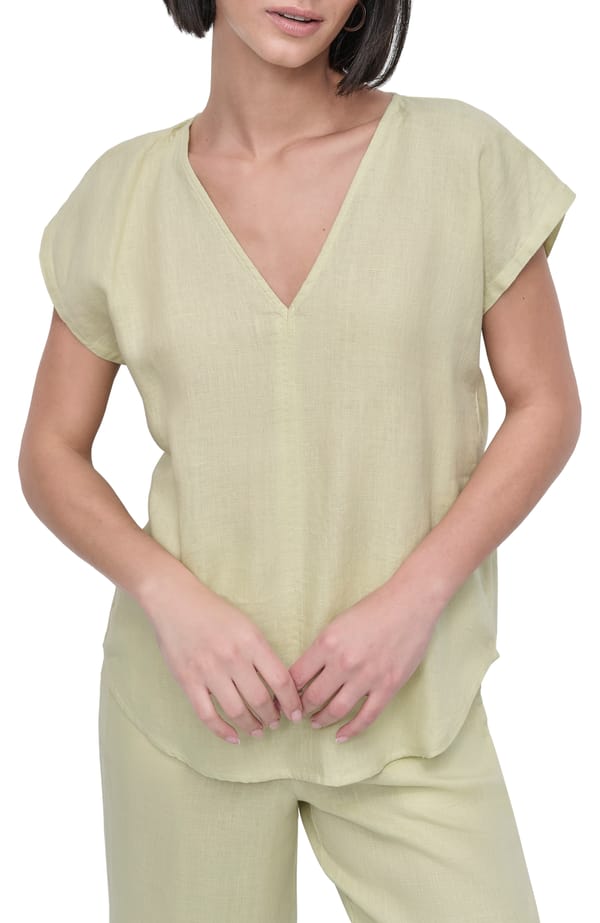 Tea Green Linen V-Neck Half Sleeve Pullover Top — DKNY