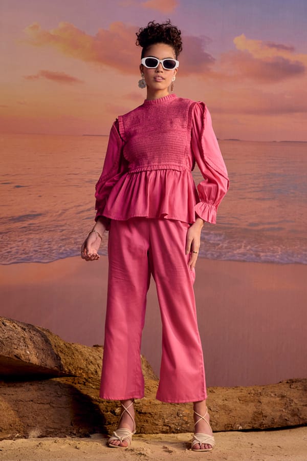 Pink Cotton Satin Peplum Top and Pant Co-ord Set — BOHO-CHIC