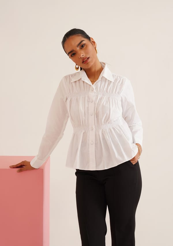 White Cotton Smocked Waist Peplum Shirt — AMOSHI