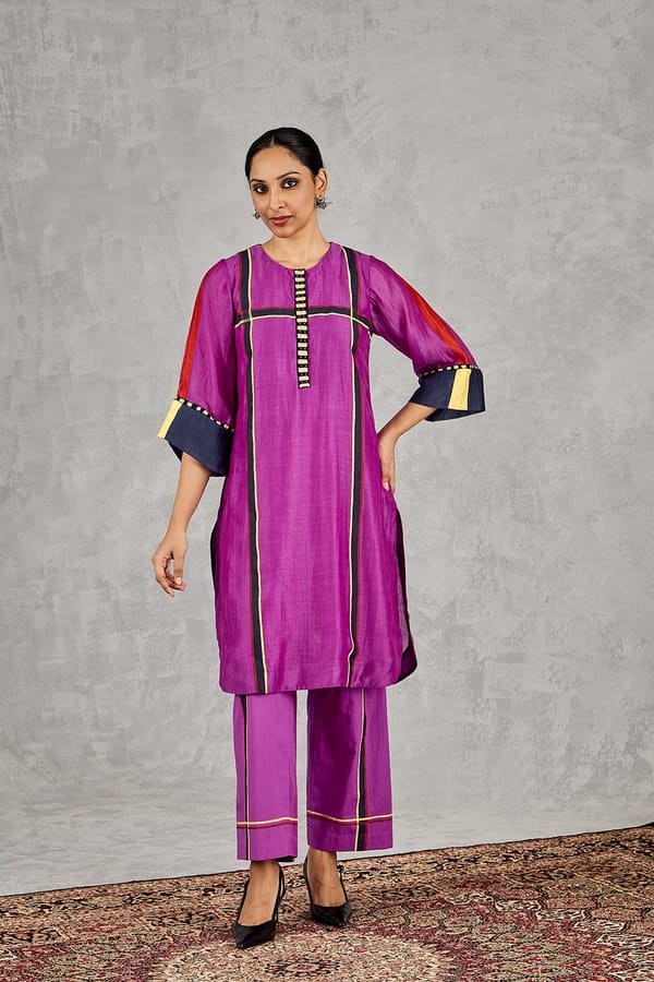 Purple Three Colour Stripe Tunic Set — SHIVANI BHARGAVA