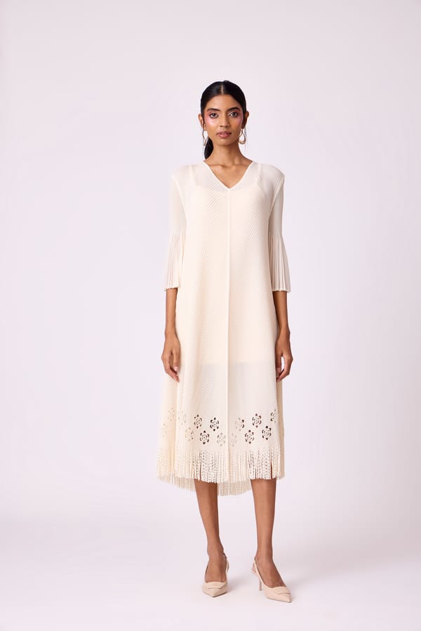 Ivory A-Line Midi Dress with Cutwork Hem and Fringe — Scarlet Sage
