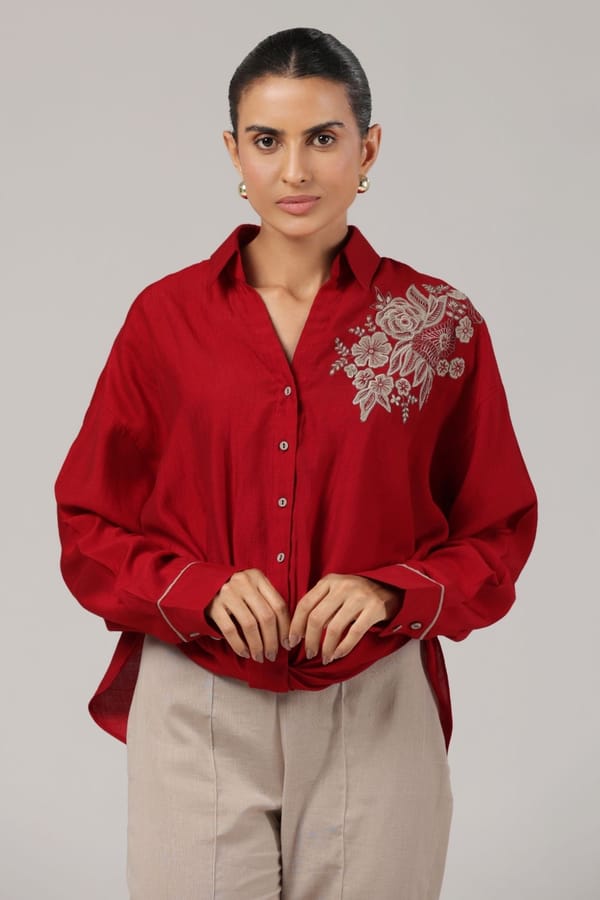 Red Floral Embroidered Button-Down Shirt — Truly SMA