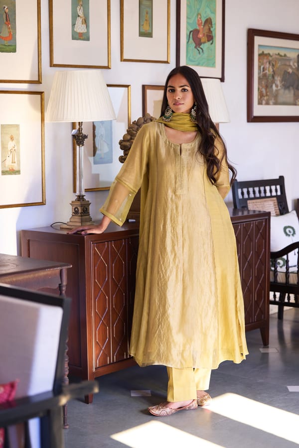 Dhani Silk Chanderi A-Line Kurta Set with Organza Sleeves — Trendy Tokari