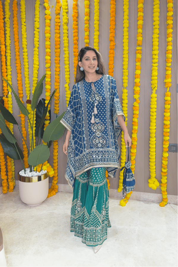 Teal Blue Kaftan and Emerald Gharara Co-ord Set — Surkh Syahi