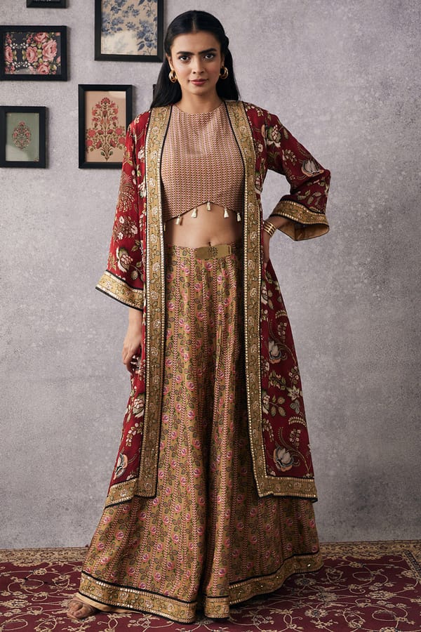 Red Printed Lehenga Set with Long Jacket — SOUP by Sougat Paul