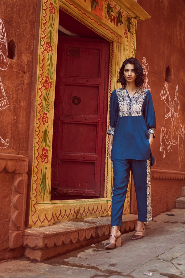 Teal High-Rise Tapered Trousers with Side Embroidery — Dash and Dot